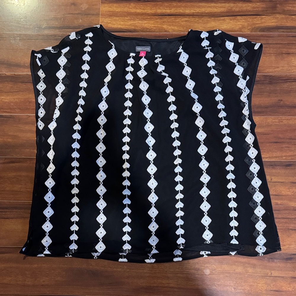 Vince Camuto Black and White Embroidered Geometric Blouse